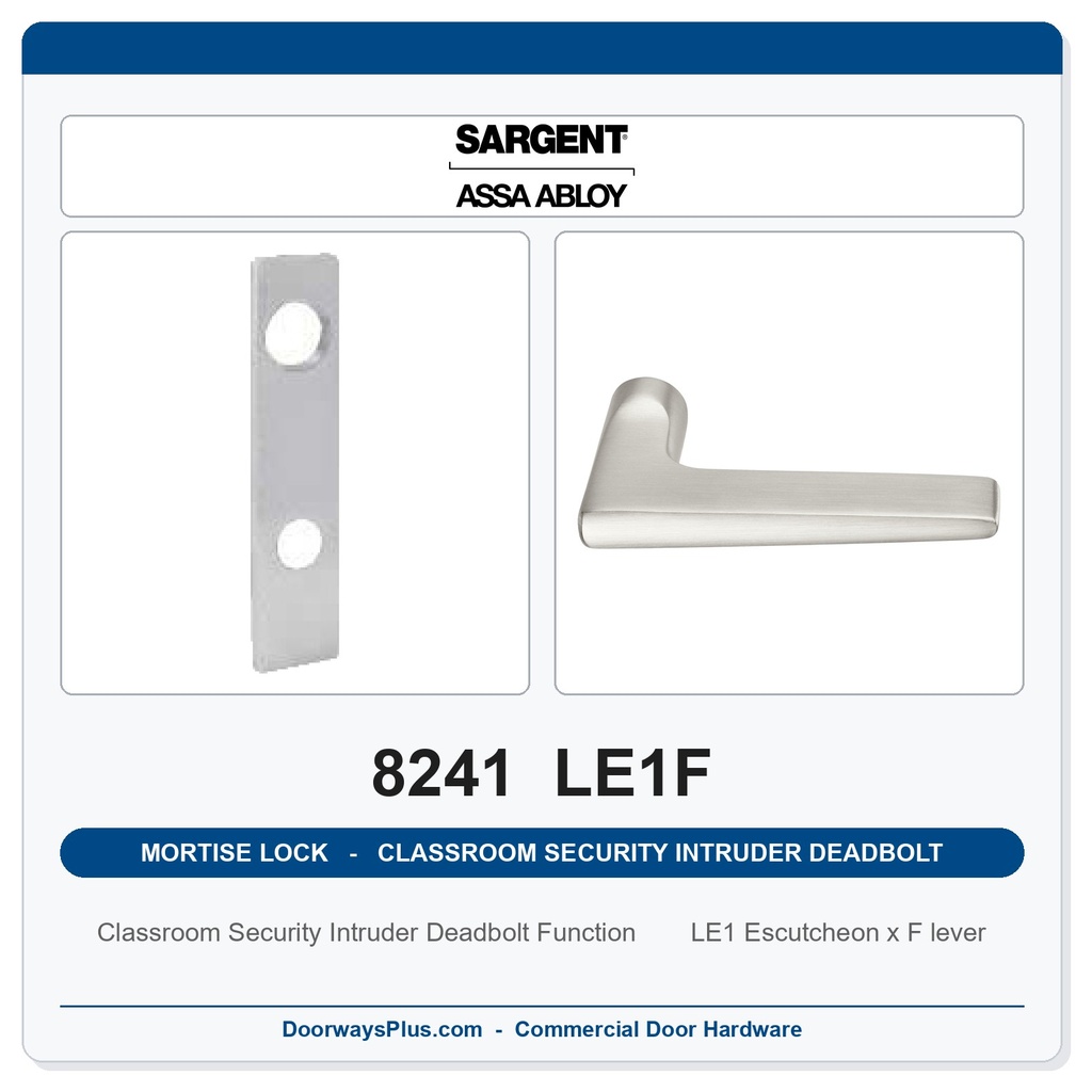Sargent 8241 LE1F Trim Classroom Security Intruder Deadbolt Mortise Lockset | LA Keyway, Grade 1 Commercial