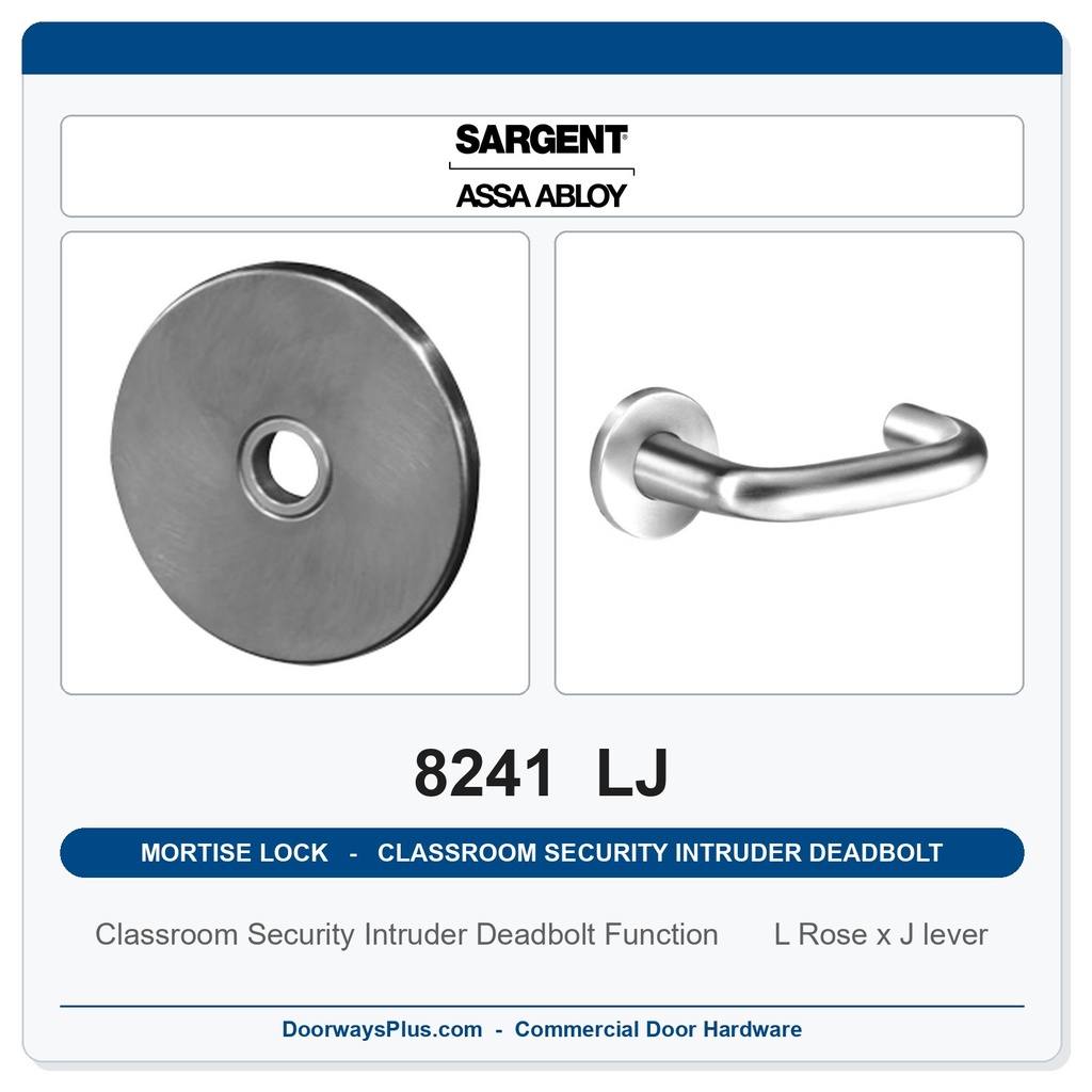 Sargent 8241 LJ Trim Classroom Security Intruder Deadbolt Mortise Lockset | LA Keyway, Grade 1 Commercial