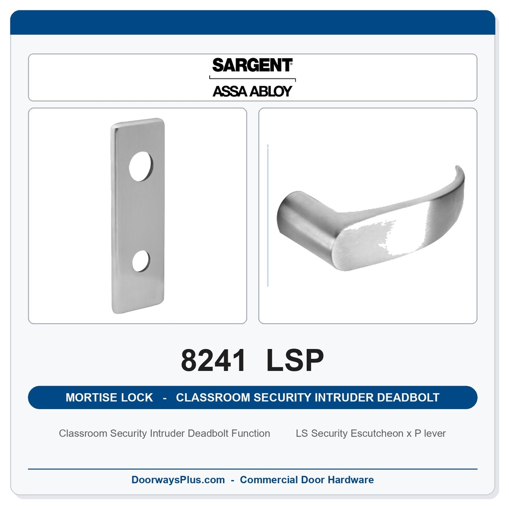 Sargent 8241 LSP Trim Classroom Security Intruder Deadbolt Mortise Lockset | LA Keyway, Grade 1 Commercial