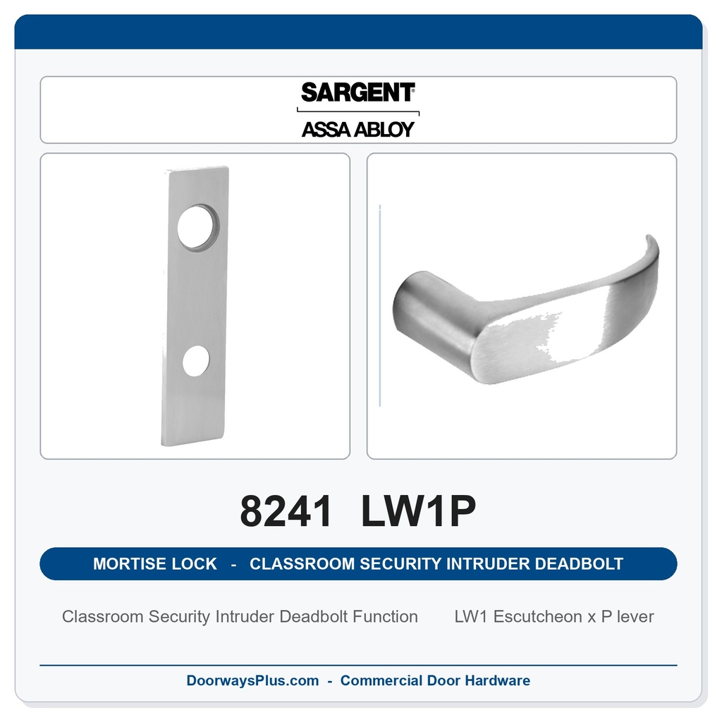 Sargent 8241 LW1P Trim Classroom Security Intruder Deadbolt Mortise Lockset | LA Keyway, Grade 1 Commercial