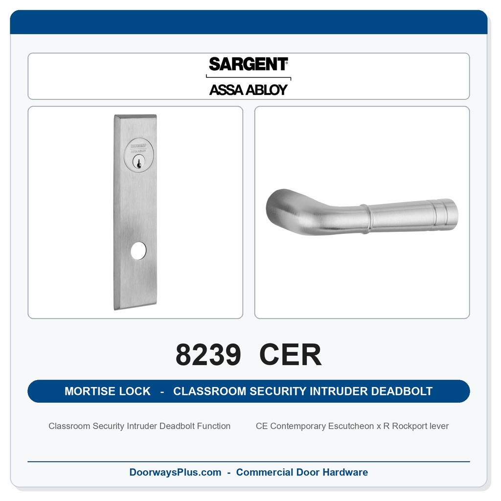 Sargent 8239 CER Trim Classroom Security Intruder Deadbolt Mortise Lockset | LA Keyway, Grade 1 Commercial