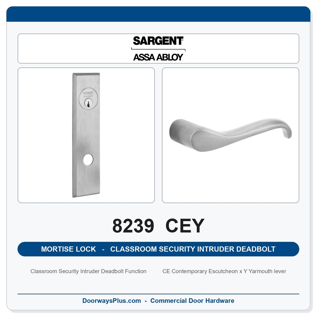 Sargent 8239 CEY Trim Classroom Security Intruder Deadbolt Mortise Lockset | LA Keyway, Grade 1 Commercial