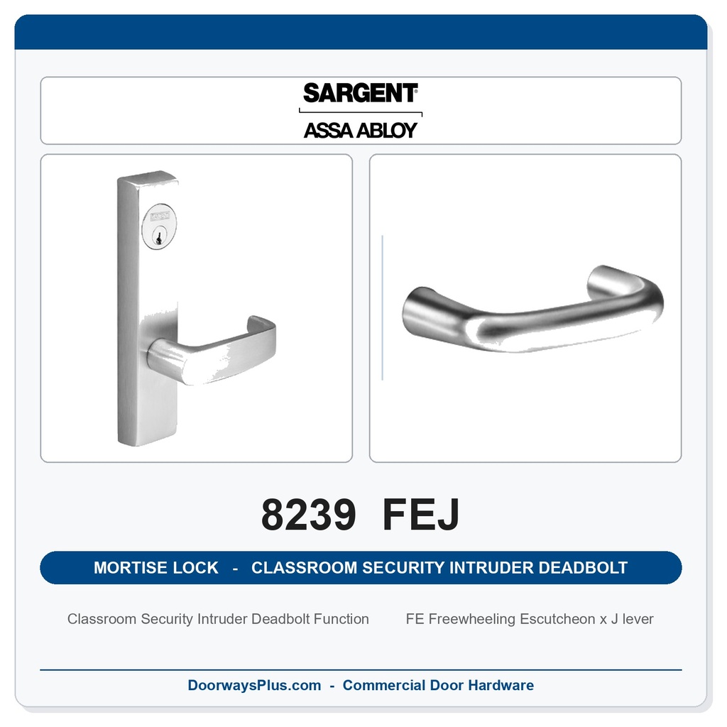 Sargent 8239 FEJ Trim Classroom Security Intruder Deadbolt Mortise Lockset | LA Keyway, Grade 1 Commercial