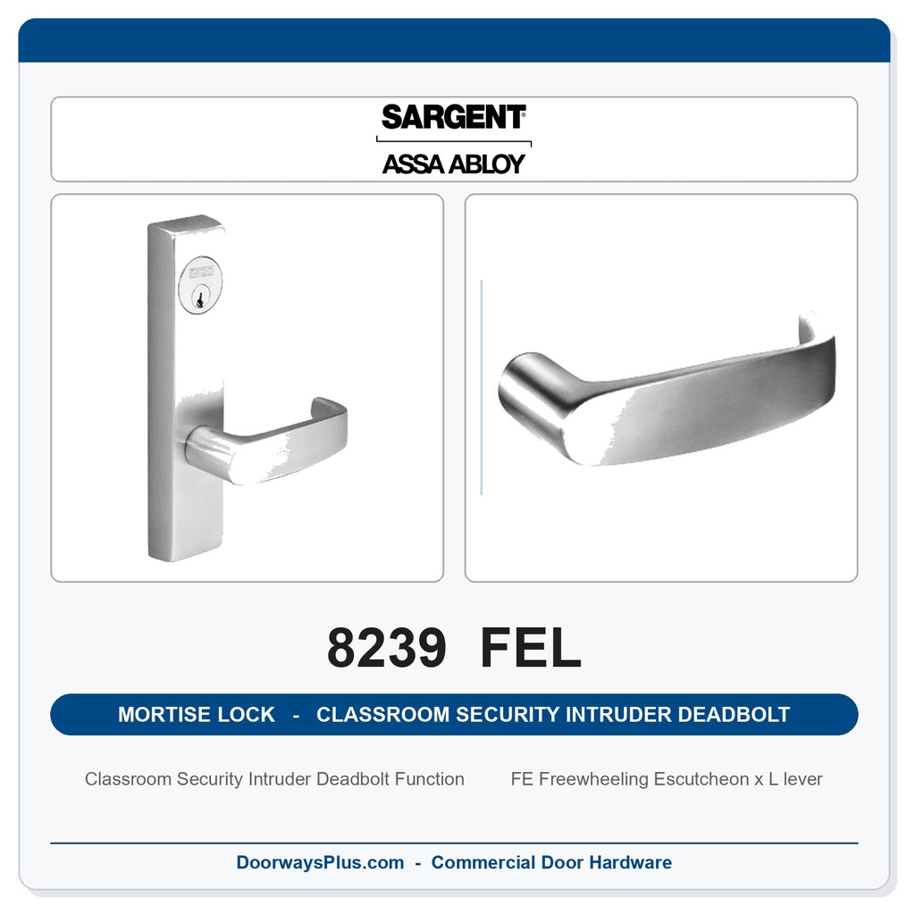 Sargent 8239 FEL Trim Classroom Security Intruder Deadbolt Mortise Lockset | LA Keyway, Grade 1 Commercial