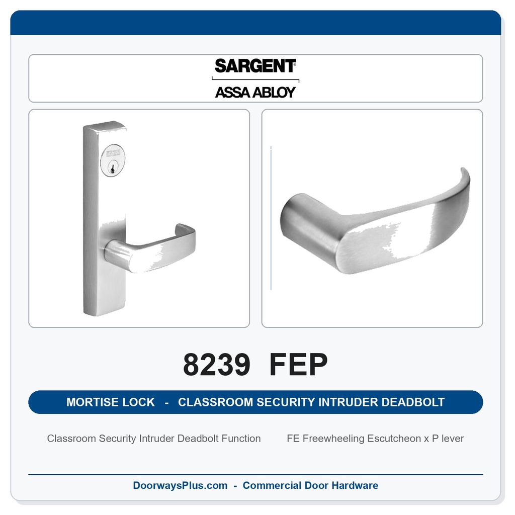 Sargent 8239 FEP Trim Classroom Security Intruder Deadbolt Mortise Lockset | LA Keyway, Grade 1 Commercial