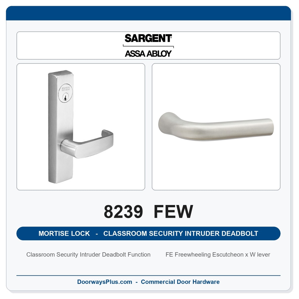 Sargent 8239 FEW Trim Classroom Security Intruder Deadbolt Mortise Lockset | LA Keyway, Grade 1 Commercial