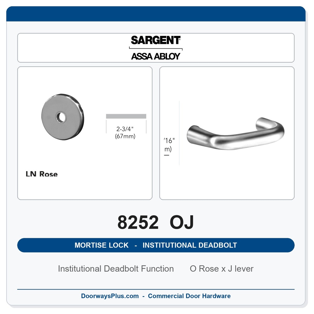 Sargent 8252 OJ Trim Institutional Deadbolt Mortise Lockset | LA Keyway, Grade 1 Commercial
