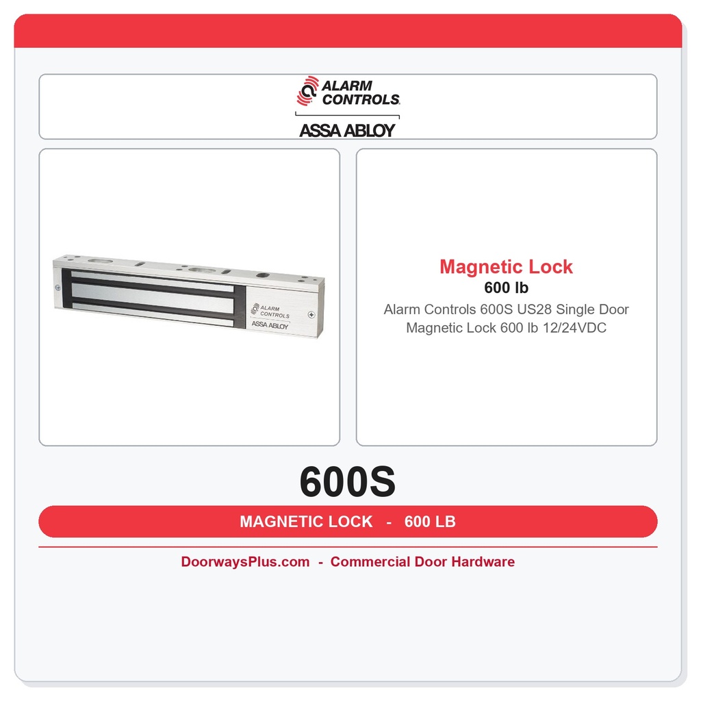 Alarm Controls 600S US28 Single Door Magnetic Lock 600 lb 12/24VDC