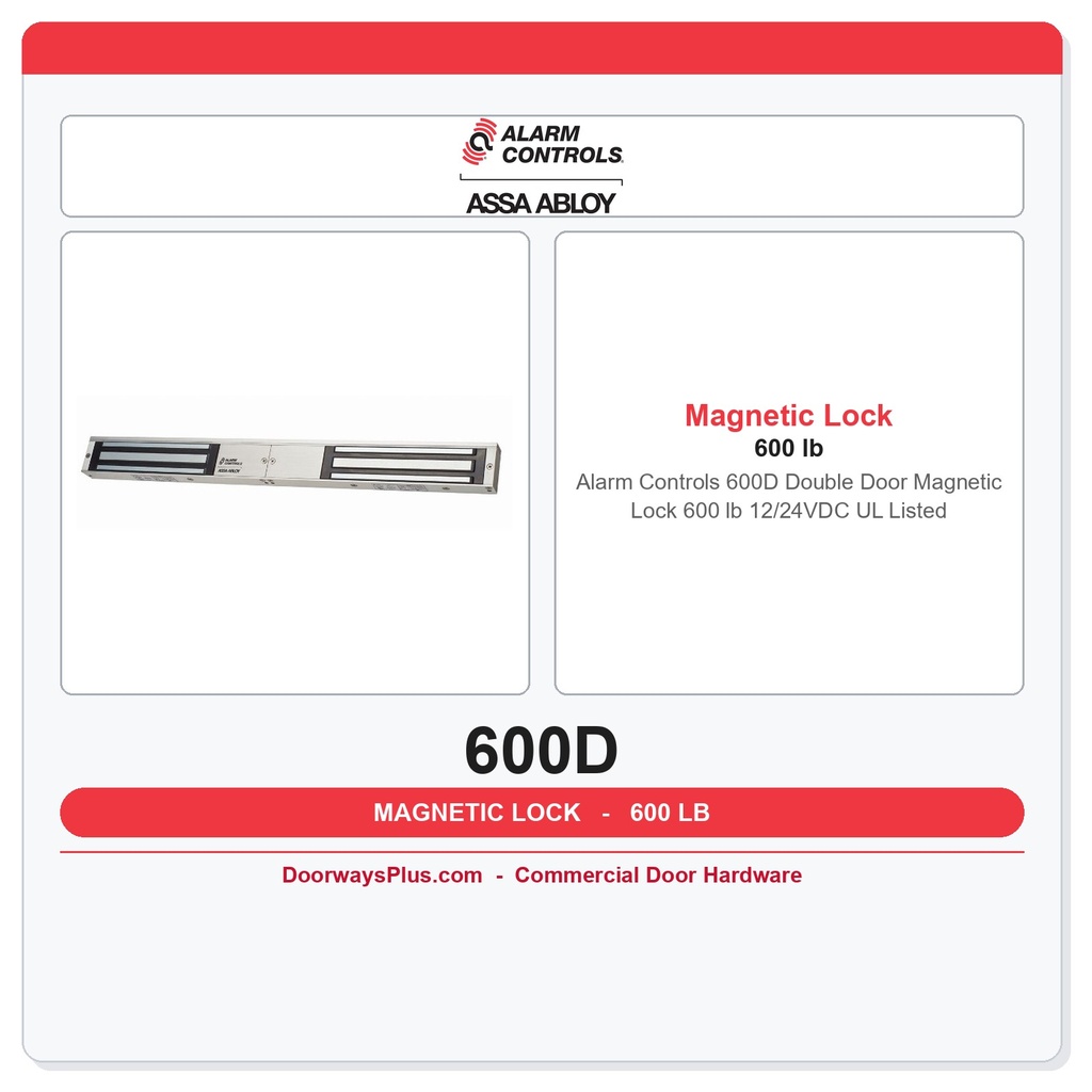 Alarm Controls 600D Double Door Magnetic Lock 600 lb 12/24VDC UL Listed