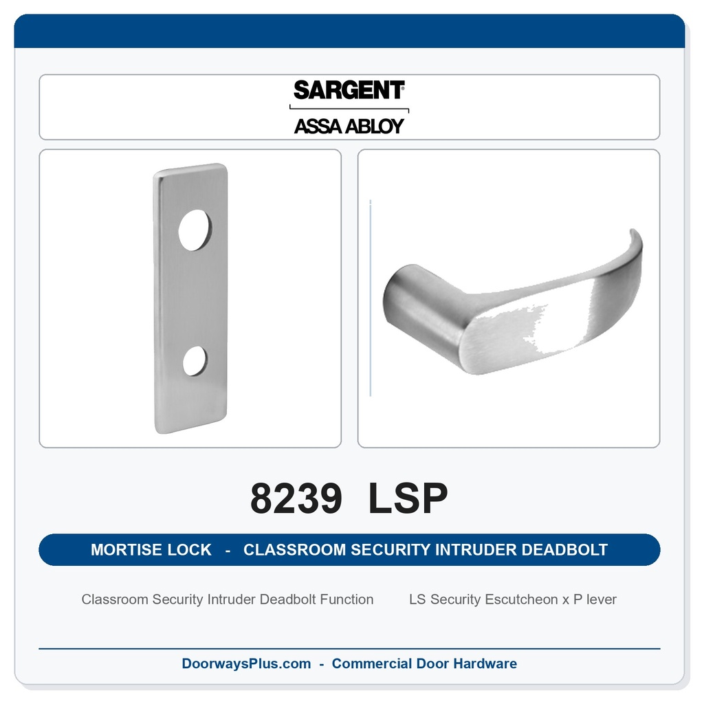 Sargent 8239 LSP Trim Classroom Security Intruder Deadbolt Mortise Lockset | LA Keyway, Grade 1 Commercial