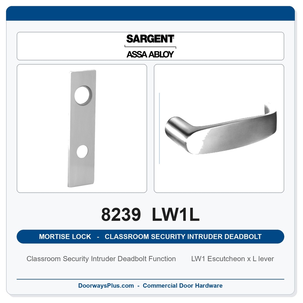 Sargent 8239 LW1L Trim Classroom Security Intruder Deadbolt Mortise Lockset | LA Keyway, Grade 1 Commercial