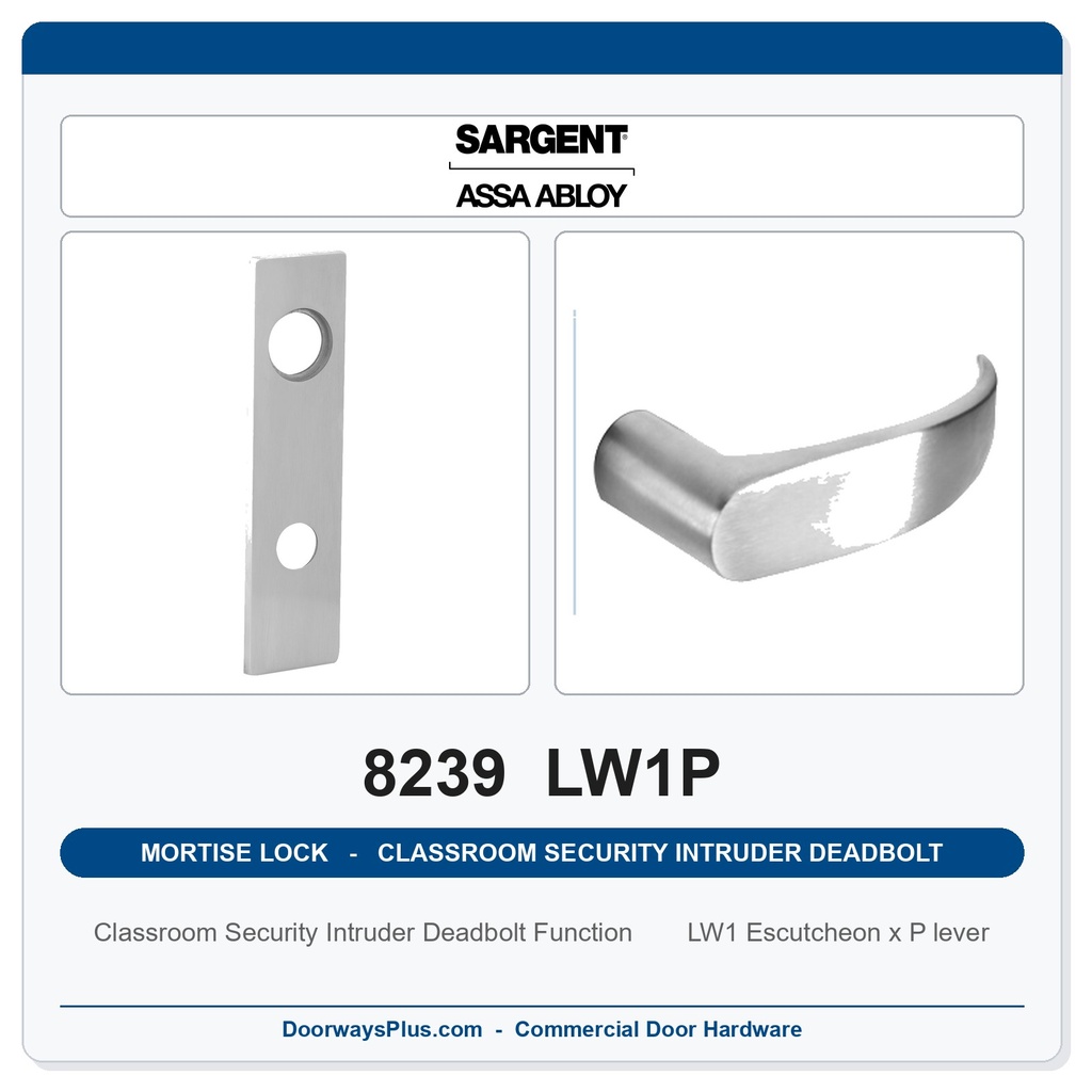 Sargent 8239 LW1P Trim Classroom Security Intruder Deadbolt Mortise Lockset | LA Keyway, Grade 1 Commercial
