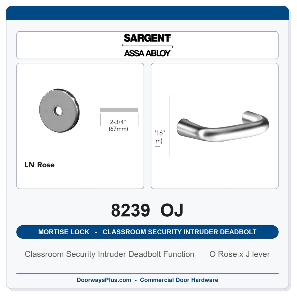 Sargent 8239 OJ Trim Classroom Security Intruder Deadbolt Mortise Lockset | LA Keyway, Grade 1 Commercial