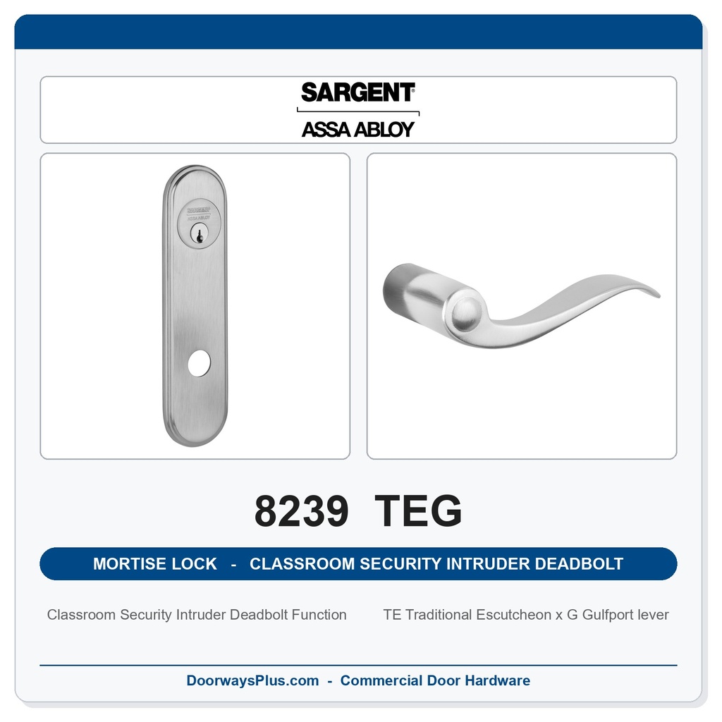 Sargent 8239 TEG Trim Classroom Security Intruder Deadbolt Mortise Lockset | LA Keyway, Grade 1 Commercial