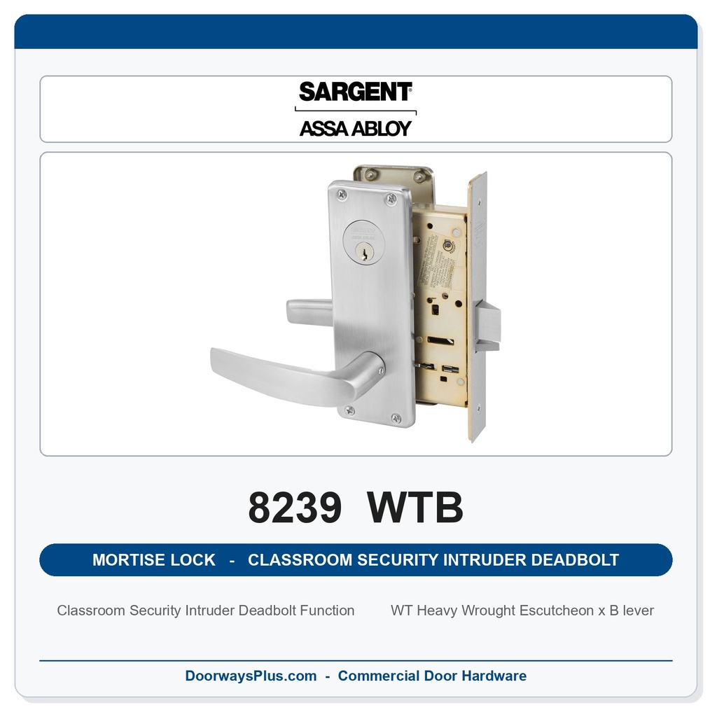 Sargent 8239 WTB Trim Classroom Security Intruder Deadbolt Mortise Lockset | LA Keyway, Grade 1 Commercial
