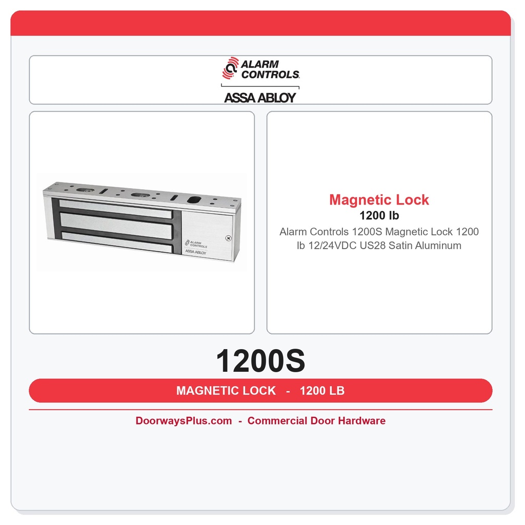 Alarm Controls 1200S Magnetic Lock 1200 lb 12/24VDC US28 Satin Aluminum