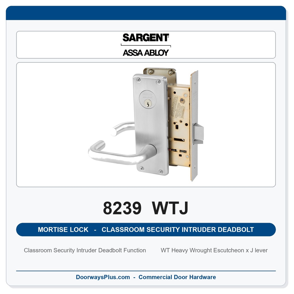 Sargent 8239 WTJ Trim Classroom Security Intruder Deadbolt Mortise Lockset | LA Keyway, Grade 1 Commercial