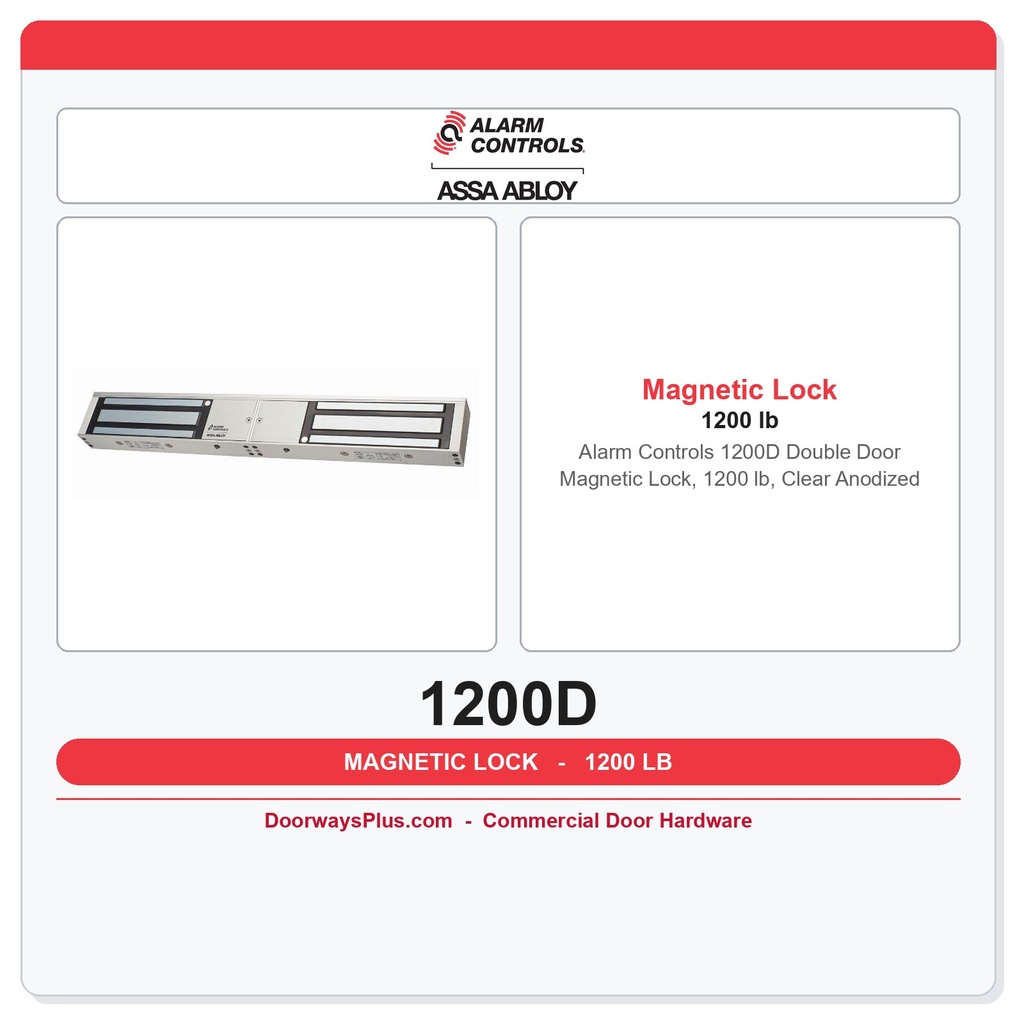 Alarm Controls 1200D Double Door Magnetic Lock, 1200 lb, Clear Anodized