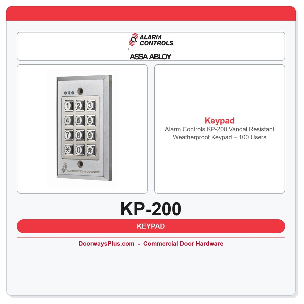 Alarm Controls KP-200 Vandal Resistant Weatherproof Keypad – 100 Users