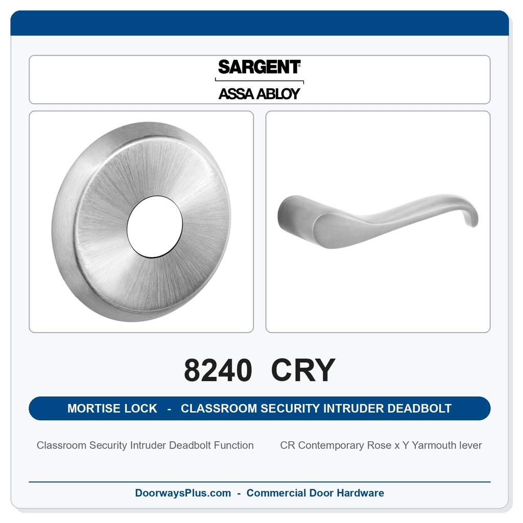 Sargent 8240 CRY Trim Classroom Security Intruder Deadbolt Mortise Lockset | LA Keyway, Grade 1 Commercial