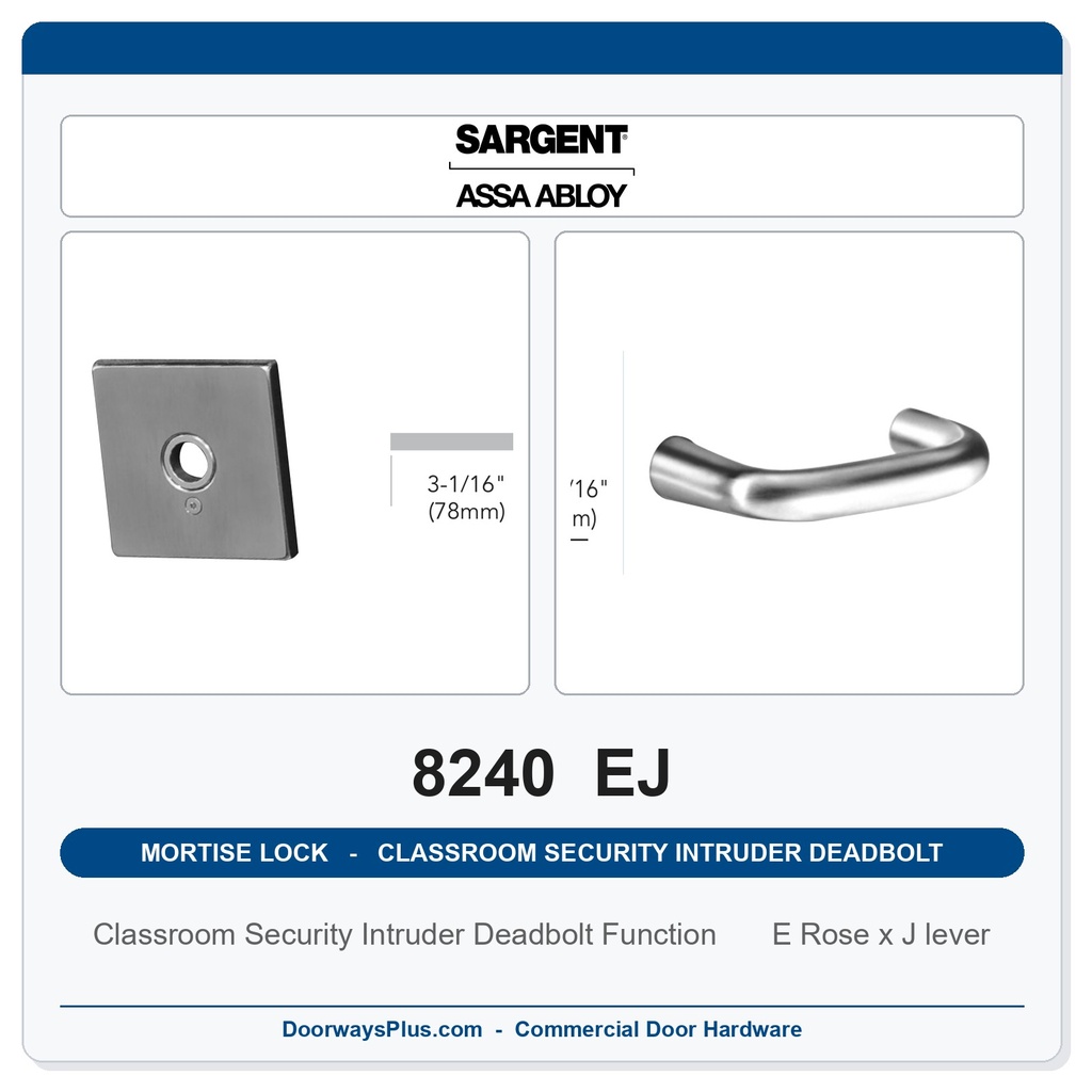 Sargent 8240 EJ Trim Classroom Security Intruder Deadbolt Mortise Lockset | LA Keyway, Grade 1 Commercial