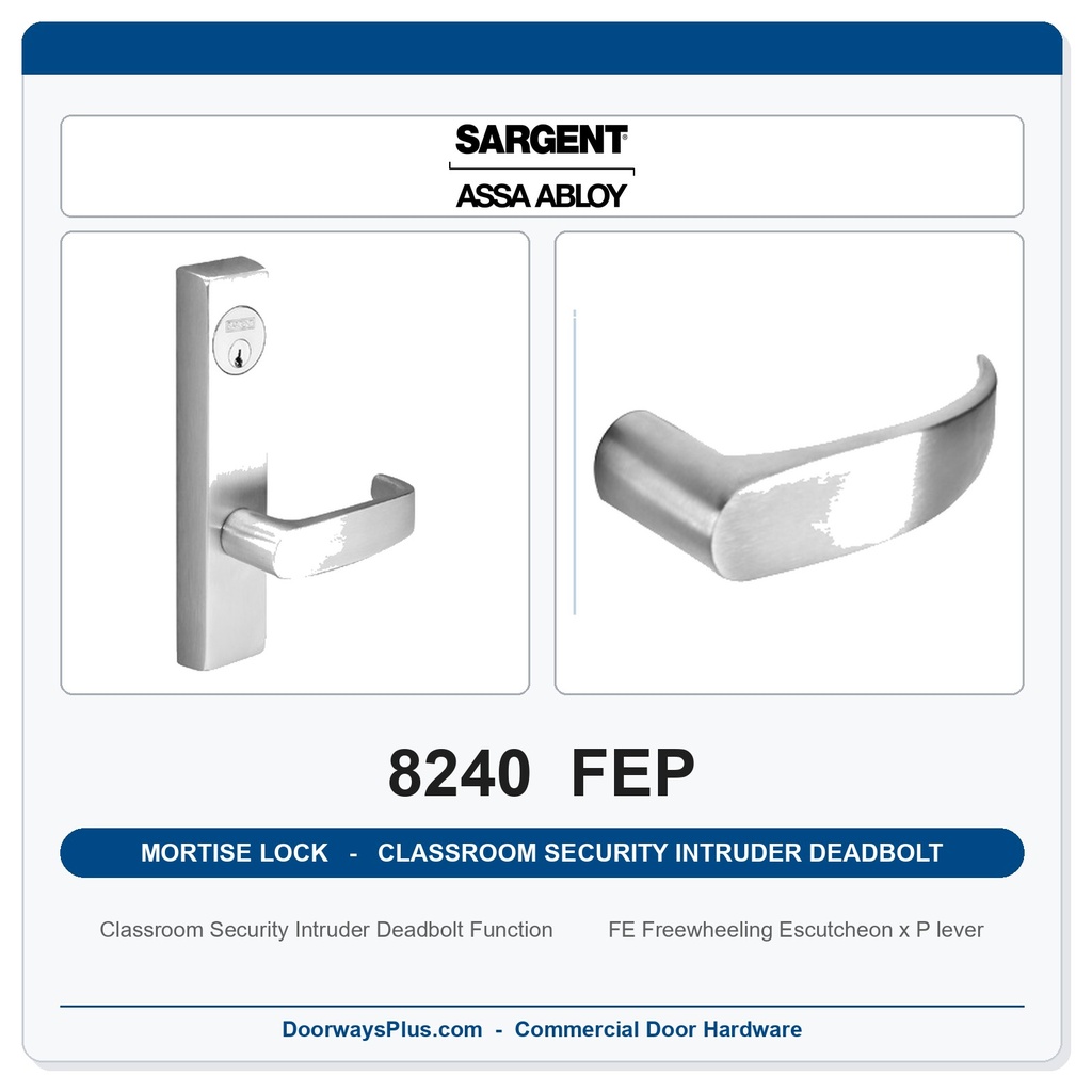 Sargent 8240 FEP Trim Classroom Security Intruder Deadbolt Mortise Lockset | LA Keyway, Grade 1 Commercial