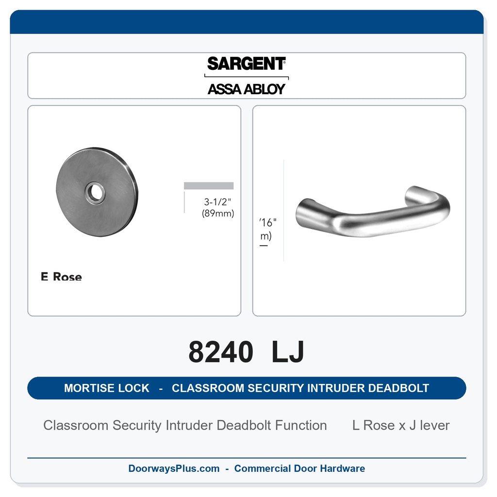 Sargent 8240 LJ Trim Classroom Security Intruder Deadbolt Mortise Lockset | LA Keyway, Grade 1 Commercial