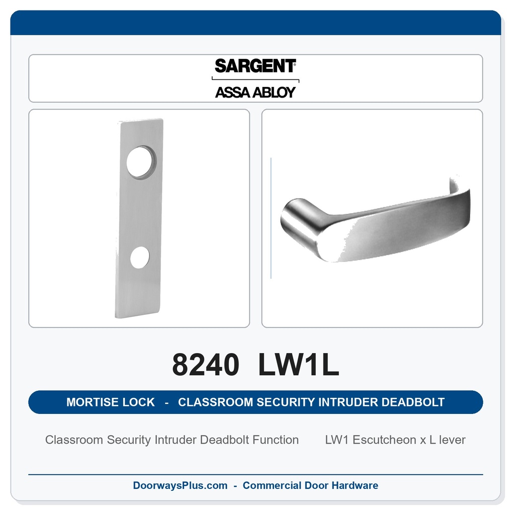 Sargent 8240 LW1L Trim Classroom Security Intruder Deadbolt Mortise Lockset | LA Keyway, Grade 1 Commercial