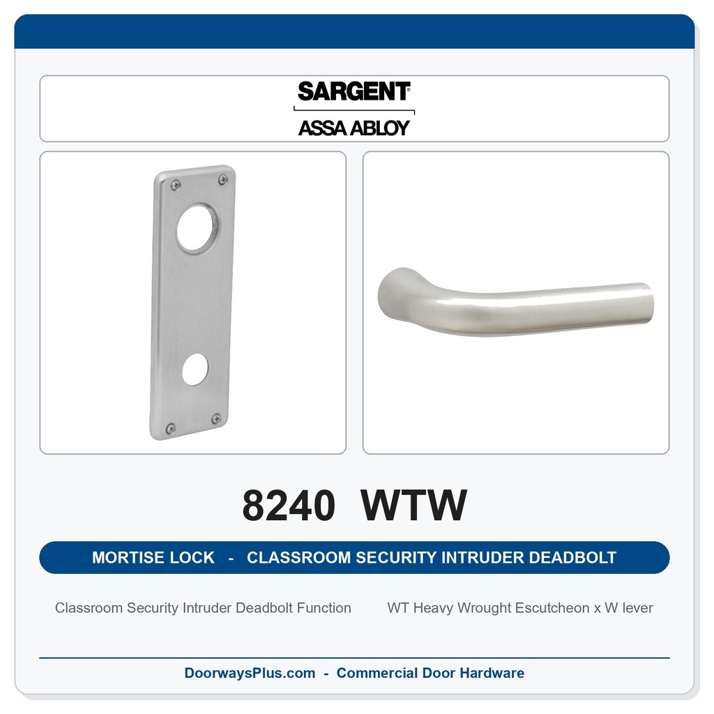 Sargent 8240 WTW Trim Classroom Security Intruder Deadbolt Mortise Lockset | LA Keyway, Grade 1 Commercial