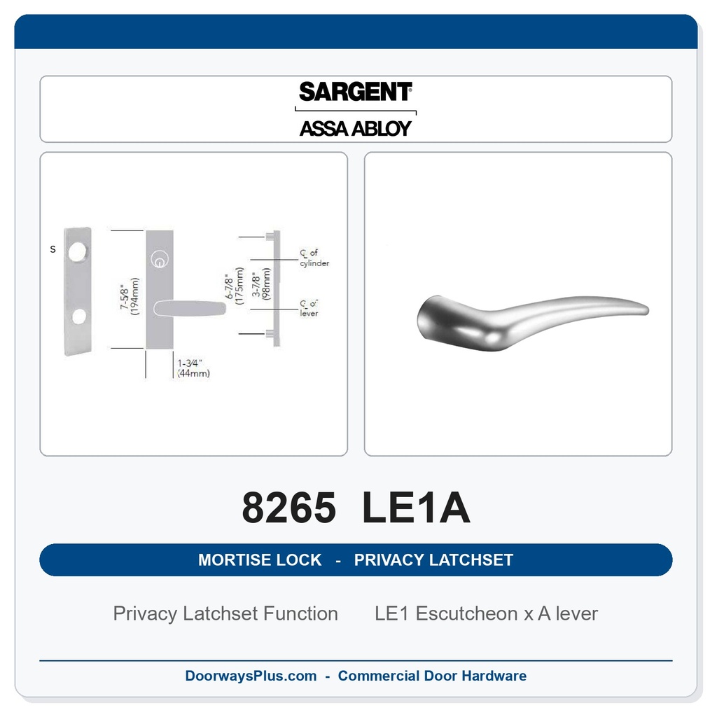Sargent 8265 LE1A Trim Mortise Privacy Latchset | Grade 1 Commercial