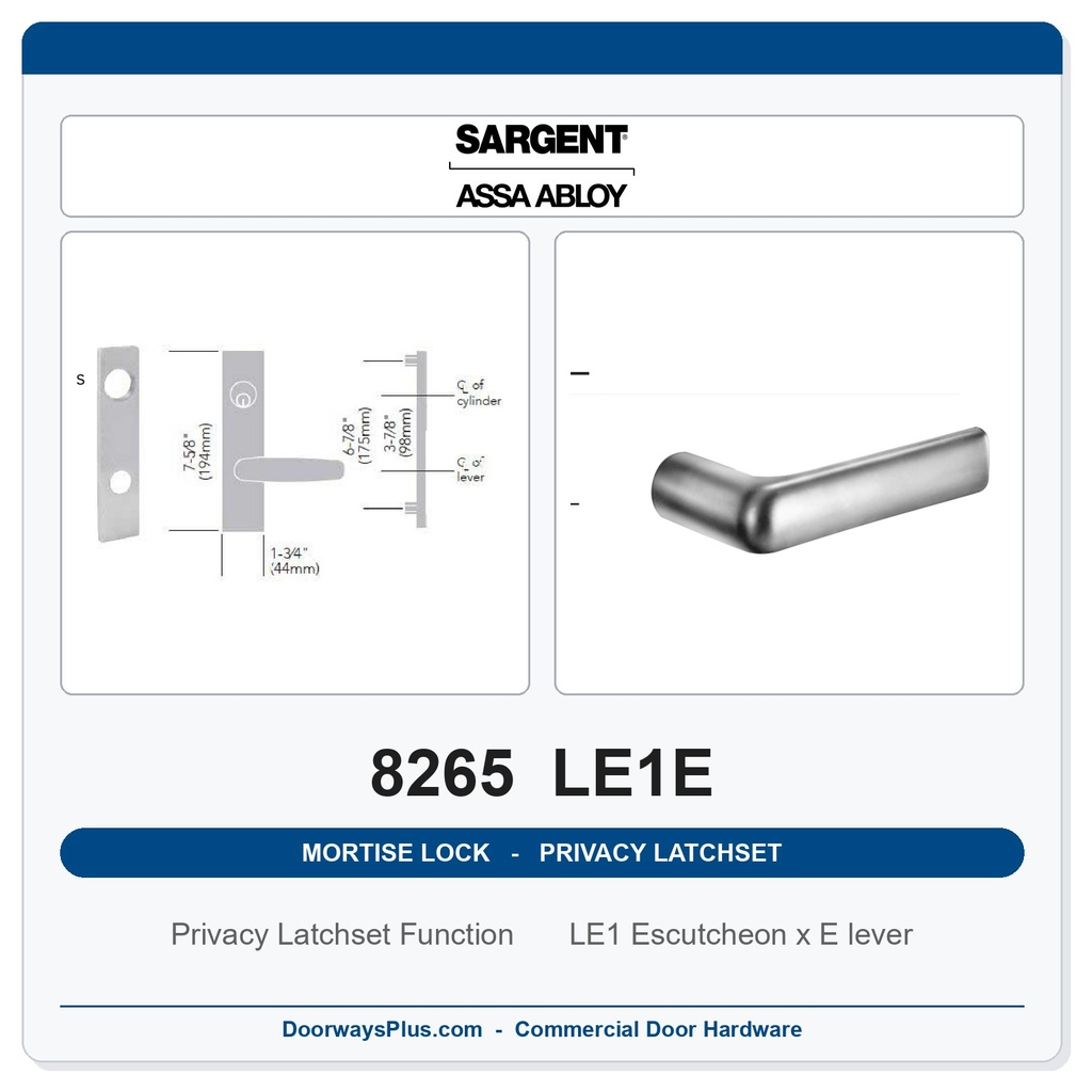 Sargent 8265 LE1E Trim Mortise Privacy Latchset | Grade 1 Commercial