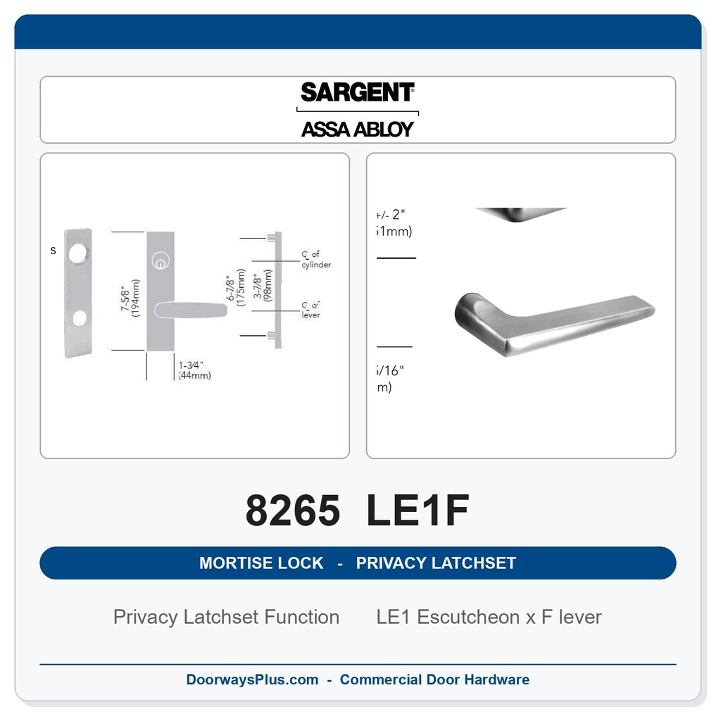 Sargent 8265 LE1F Trim Mortise Privacy Latchset | Grade 1 Commercial