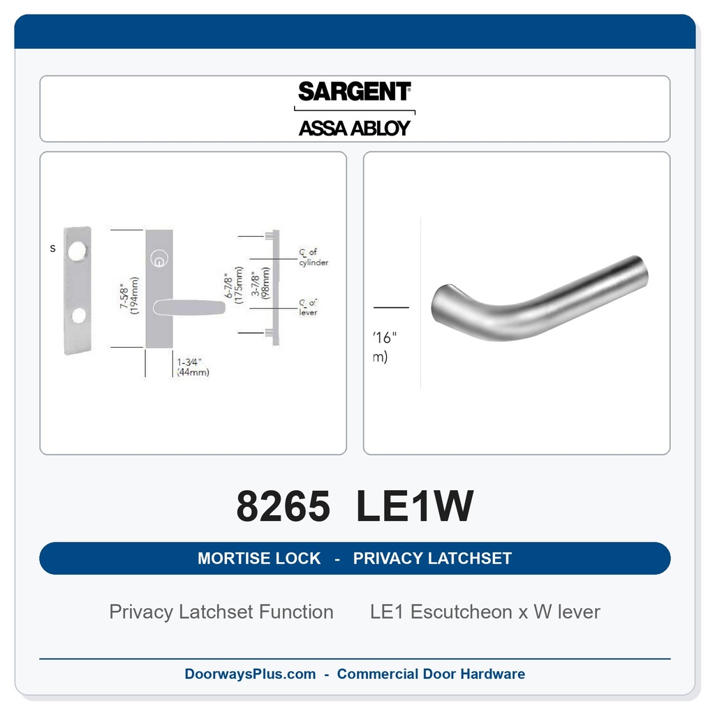 Sargent 8265 LE1W Trim Mortise Privacy Latchset | Grade 1 Commercial