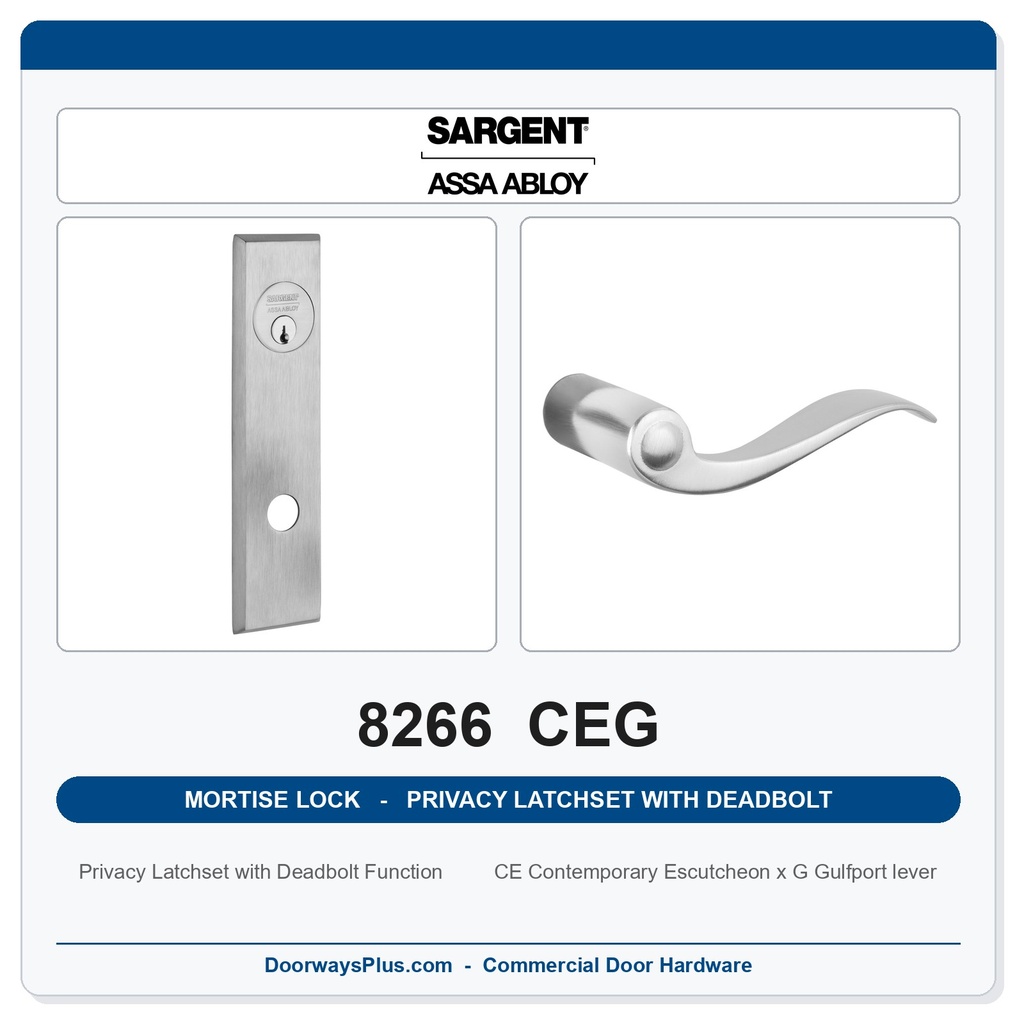 Sargent 8266 CEG Trim Mortise Privacy Latchset with Deadbolt | Grade 1 Commercial