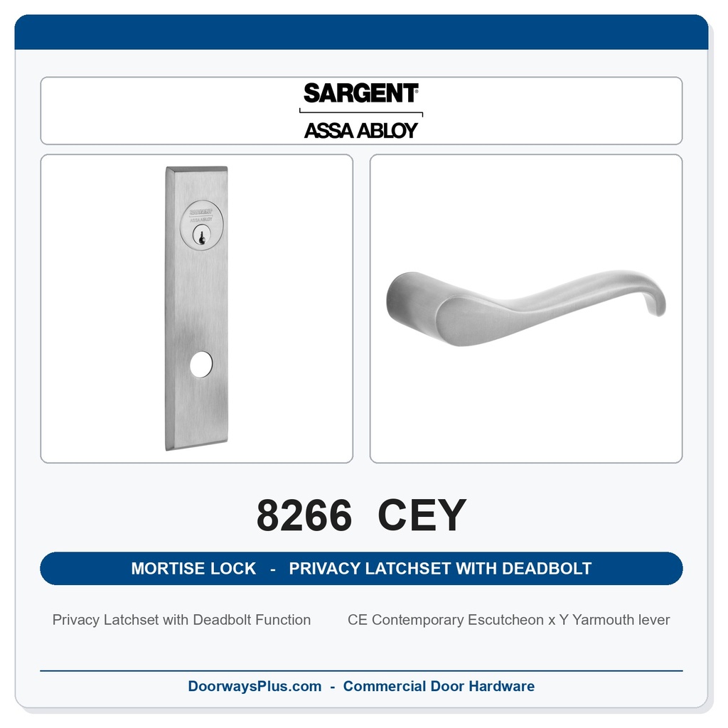 Sargent 8266 CEY Trim Mortise Privacy Latchset with Deadbolt | Grade 1 Commercial