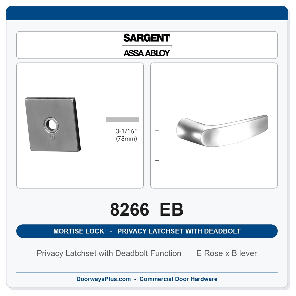 Sargent 8266 EB Trim Mortise Privacy Latchset with Deadbolt | Grade 1 Commercial
