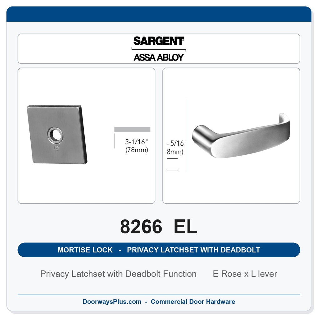 Sargent 8266 EL Trim Mortise Privacy Latchset with Deadbolt | Grade 1 Commercial