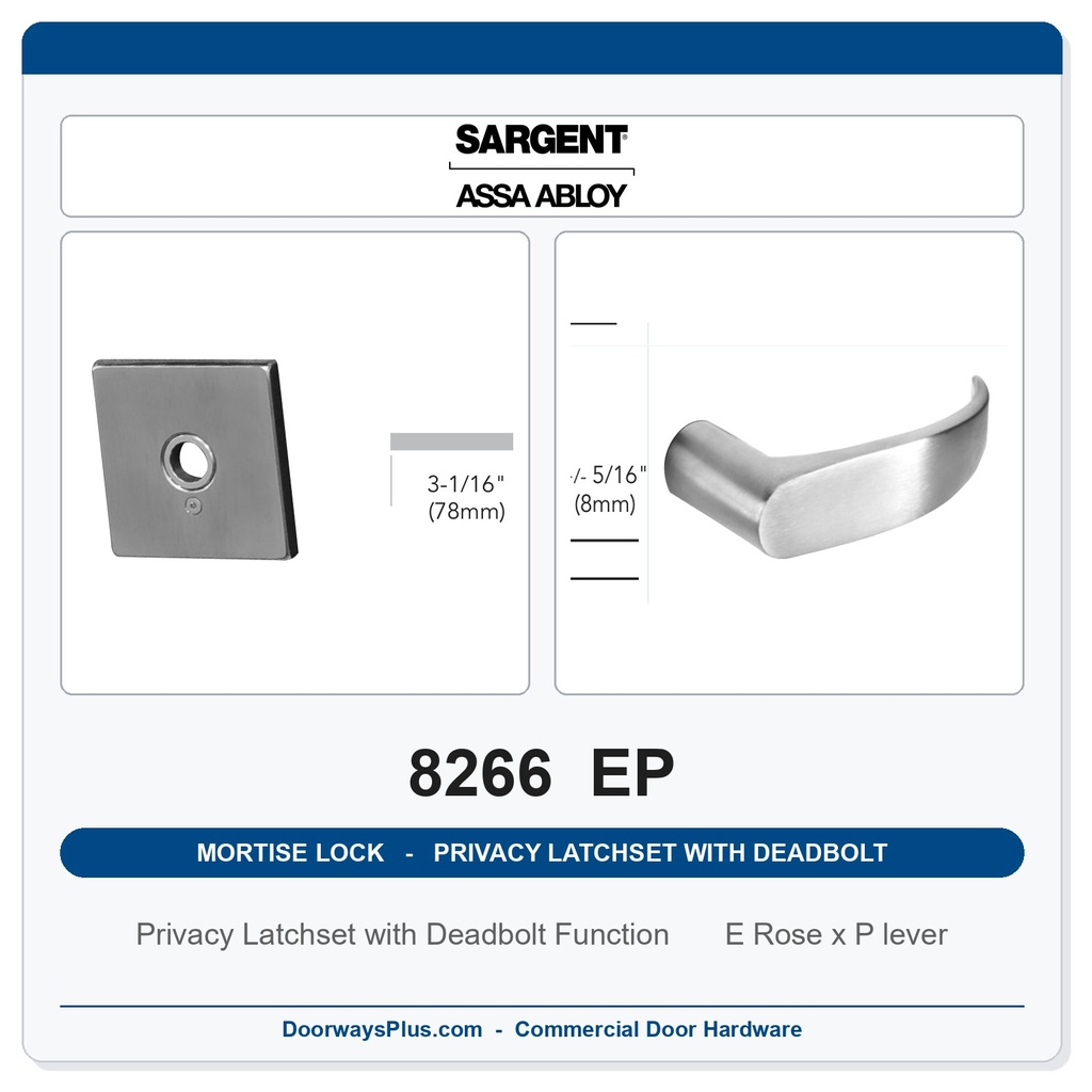 Sargent 8266 EP Trim Mortise Privacy Latchset with Deadbolt | Grade 1 Commercial