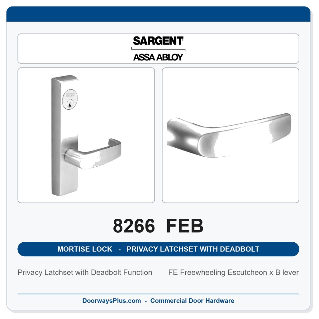 Sargent 8266 FEB Trim Mortise Privacy Latchset with Deadbolt | Grade 1 Commercial