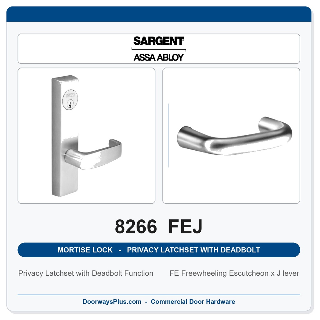 Sargent 8266 FEJ Trim Mortise Privacy Latchset with Deadbolt | Grade 1 Commercial