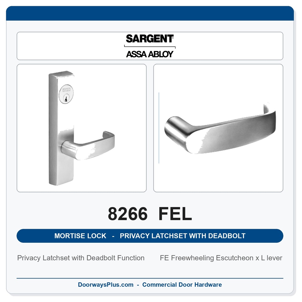 Sargent 8266 FEL Trim Mortise Privacy Latchset with Deadbolt | Grade 1 Commercial
