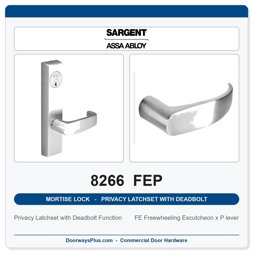 Sargent 8266 FEP Trim Mortise Privacy Latchset with Deadbolt | Grade 1 Commercial