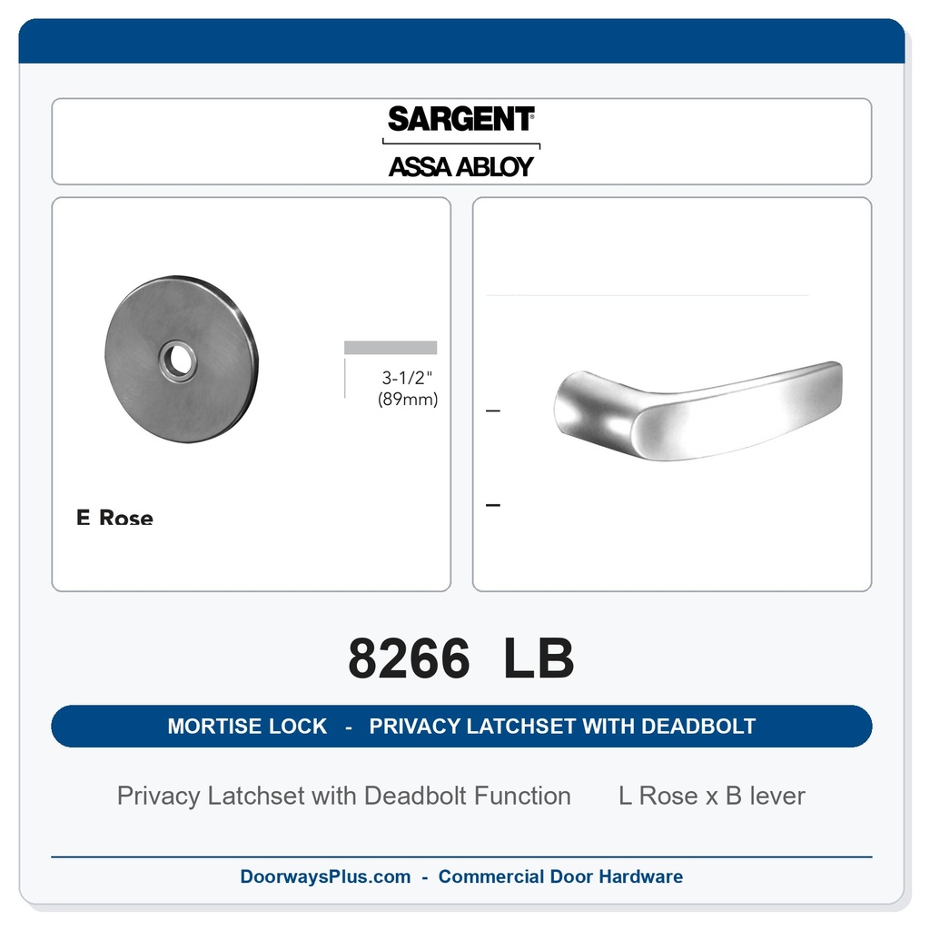 Sargent 8266 LB Trim Mortise Privacy Latchset with Deadbolt | Grade 1 Commercial