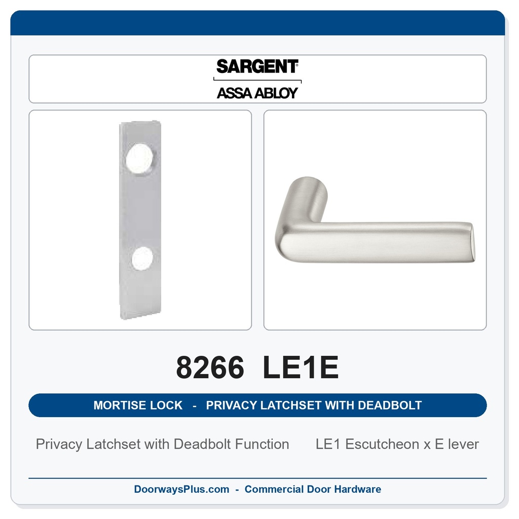 Sargent 8266 LE1E Trim Mortise Privacy Latchset with Deadbolt | Grade 1 Commercial