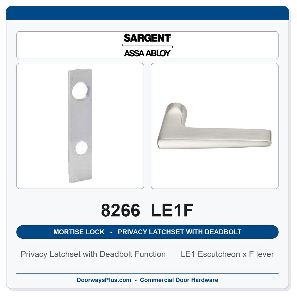 Sargent 8266 LE1F Trim Mortise Privacy Latchset with Deadbolt | Grade 1 Commercial