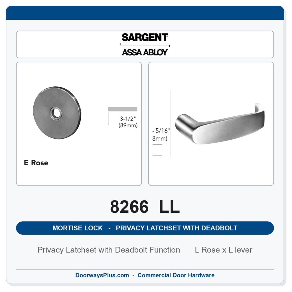 Sargent 8266 LL Trim Mortise Privacy Latchset with Deadbolt | Grade 1 Commercial