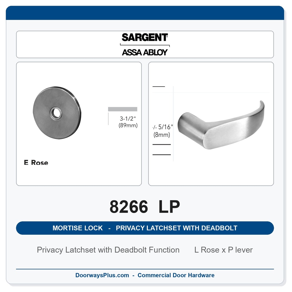 Sargent 8266 LP Trim Mortise Privacy Latchset with Deadbolt | Grade 1 Commercial