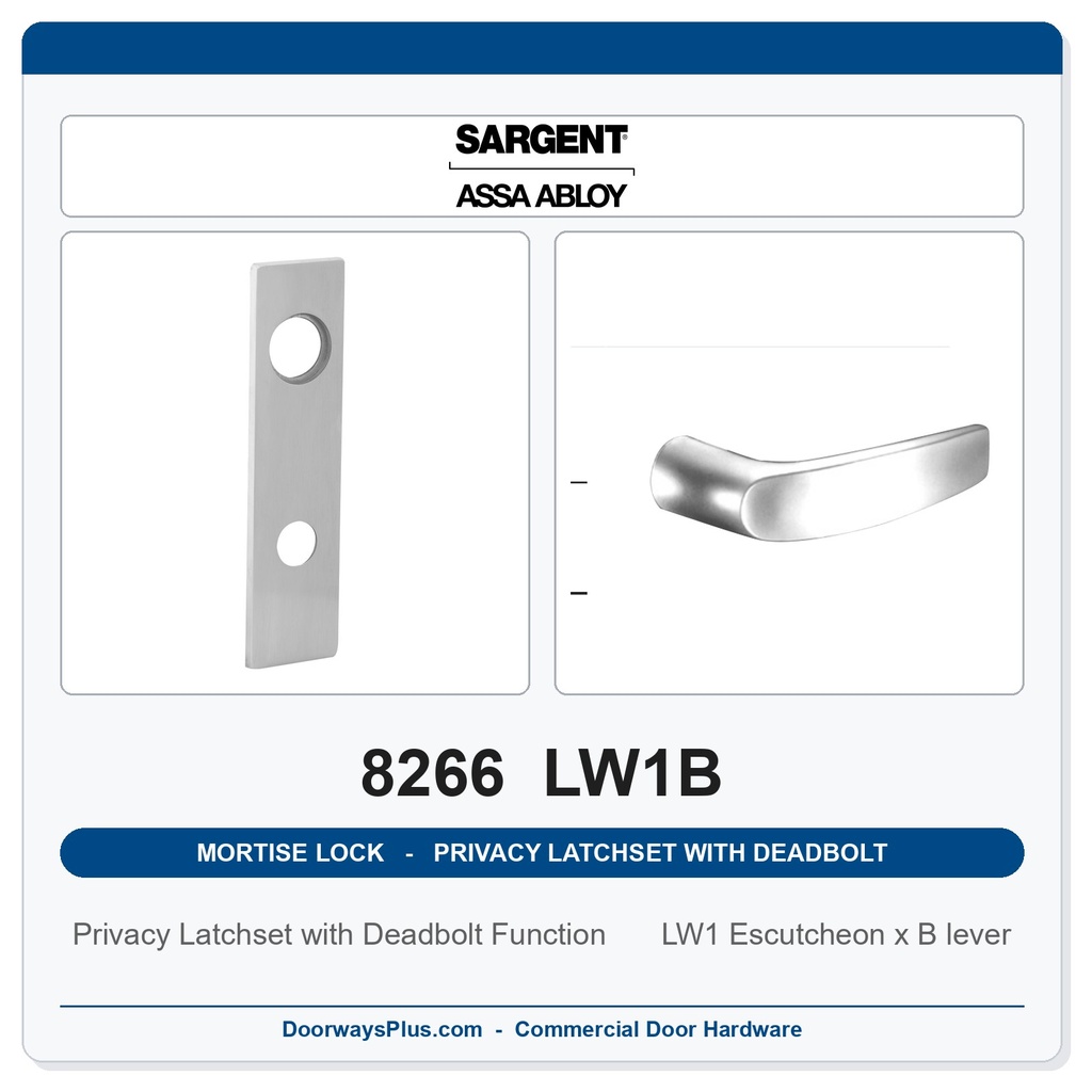 Sargent 8266 LW1B Trim Mortise Privacy Latchset with Deadbolt | Grade 1 Commercial