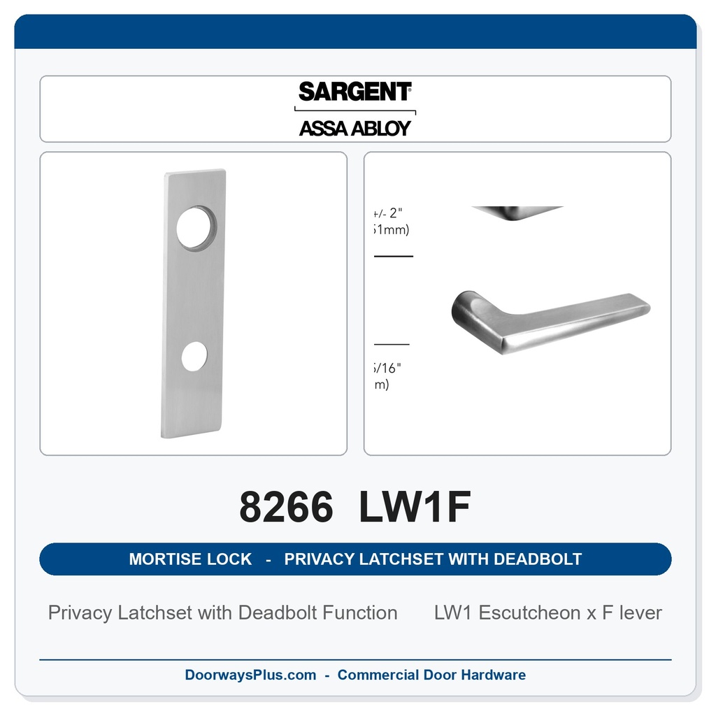 Sargent 8266 LW1F Trim Mortise Privacy Latchset with Deadbolt | Grade 1 Commercial