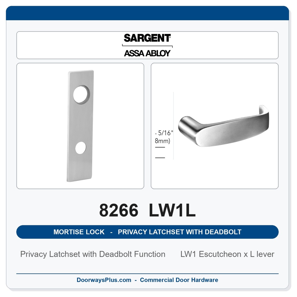Sargent 8266 LW1L Trim Mortise Privacy Latchset with Deadbolt | Grade 1 Commercial